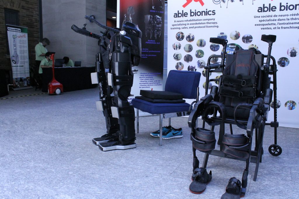 Able Bionics is a gait neurorehabilitation company operating in London, Ontario and Aspen, Colorado and specializing in exoskeleton therapy, training, sales, and protocol licensing. The Ekso Bionics exoskeleton is on the right and the Rex exoskeleton is on the left. 