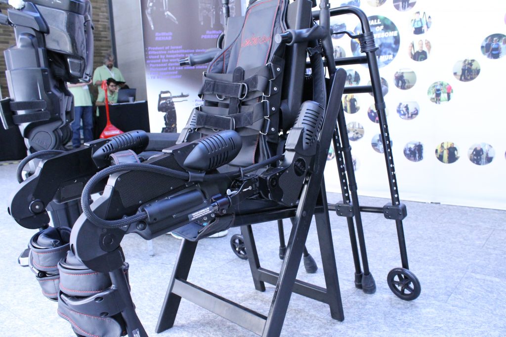 Able Bionics is a gait neurorehabilitation company operating in London, Ontario and Aspen, Colorado and specializing in exoskeleton therapy, training, sales, and protocol licensing. This is the Ekso Bionics exoskeleton.