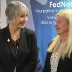 Thunder Bay-Superior North MP Patty Hajdu (left) talks with Northern Ontario Angels executive director Mary Long-Irwin at a media conference announcing FedNor funding on Thursday