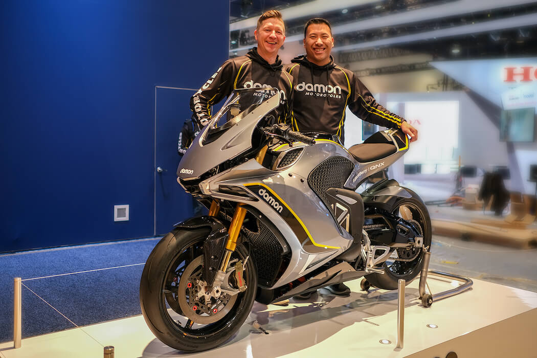 Damon Motor Cycle Founders Jay Giraud and Dominique Kwong, unveil the Hypersport Electric Superbike with CoPilot Advanced Warning System at CES 2020 (Photo: Business Wire) | BetaKit