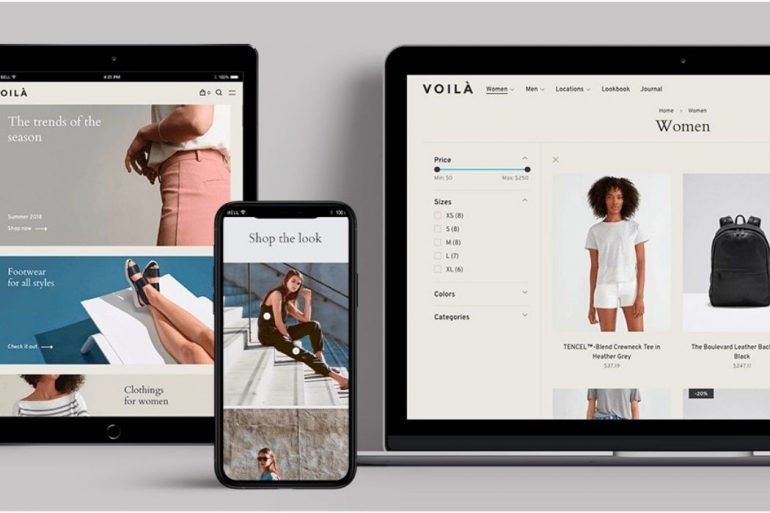 An online shop displayed in an iPad, phone, and laptops screens.