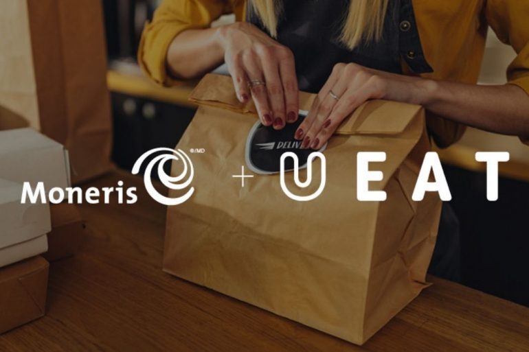 Someone folding the top part of a paper bag. The entire photo has white text on top that says Moneris plus UEAT.
