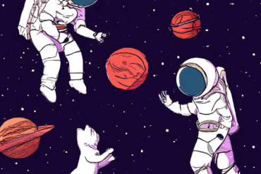 Three cartoon astronauts floating in space.