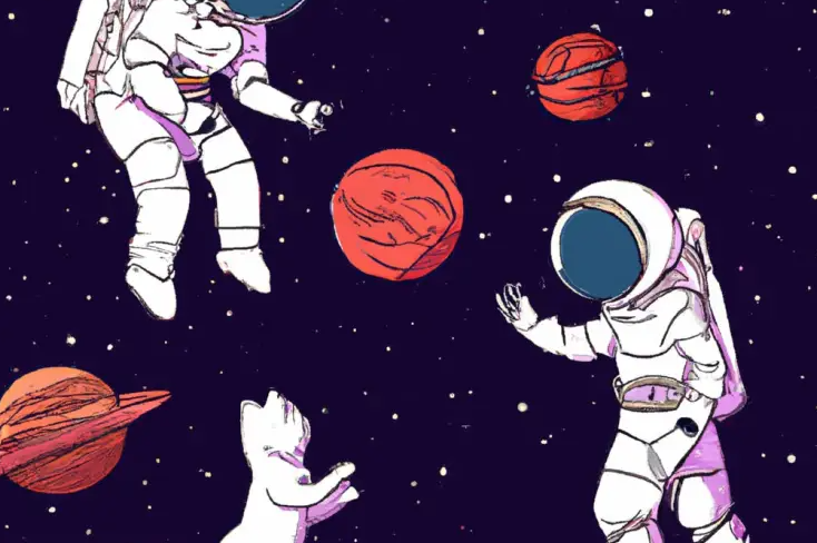 Three cartoon astronauts floating in space.