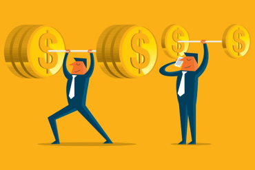Two cartoon men in suits holding barbells with Giant coins as the weight above their heads. One of the men is also on the phone.