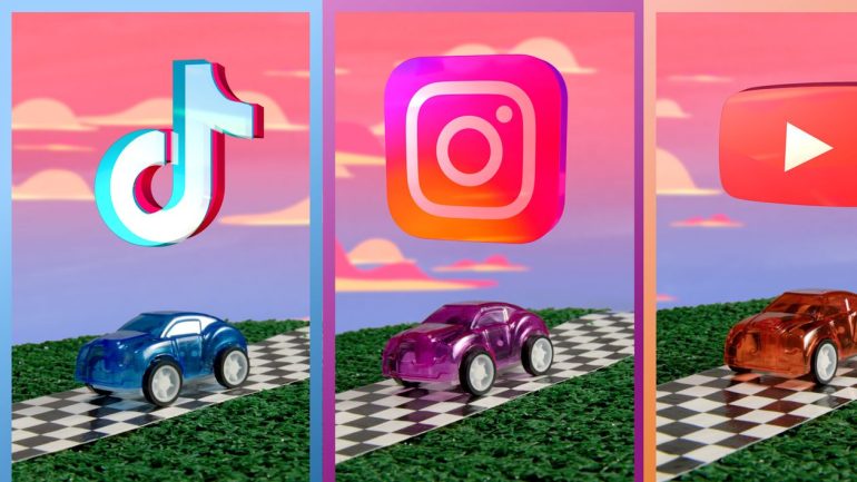 Twitter, Instagram, YouTube logo and cars