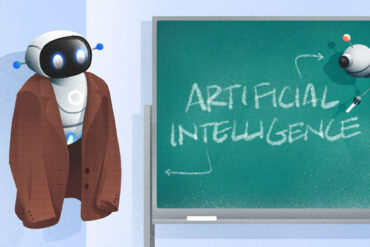 Robot in front of a chalkboard