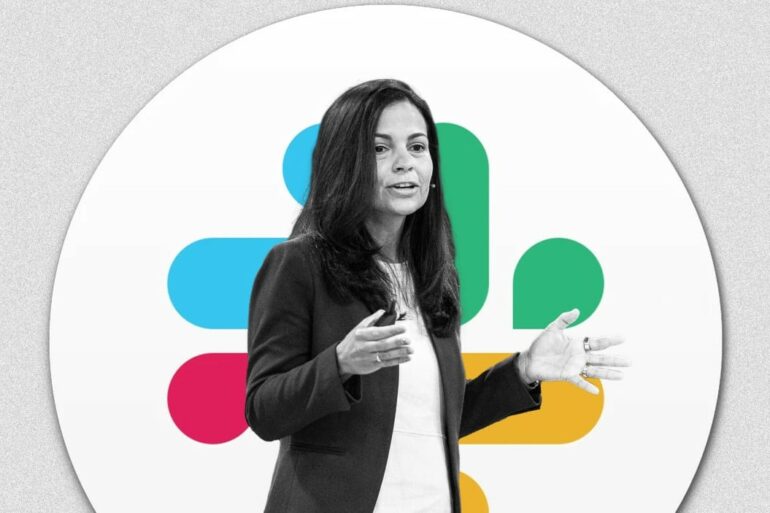 Slack CEO Lidiane Jones imposed over an image of the Slack logo with her hands apart