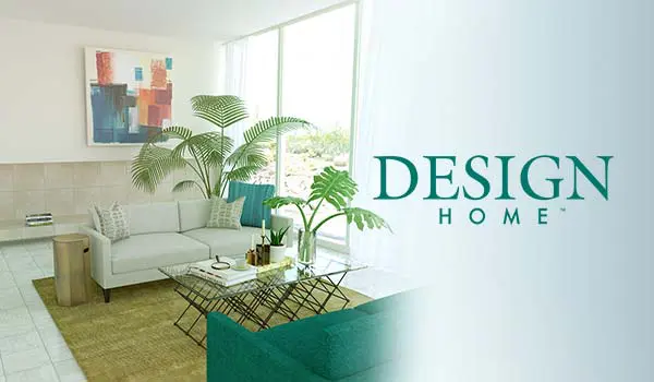 image of the logo and background for the game design home. it includes the words design home and a digital rendering of a very fashionable living room decorated in white and turquoise with florals