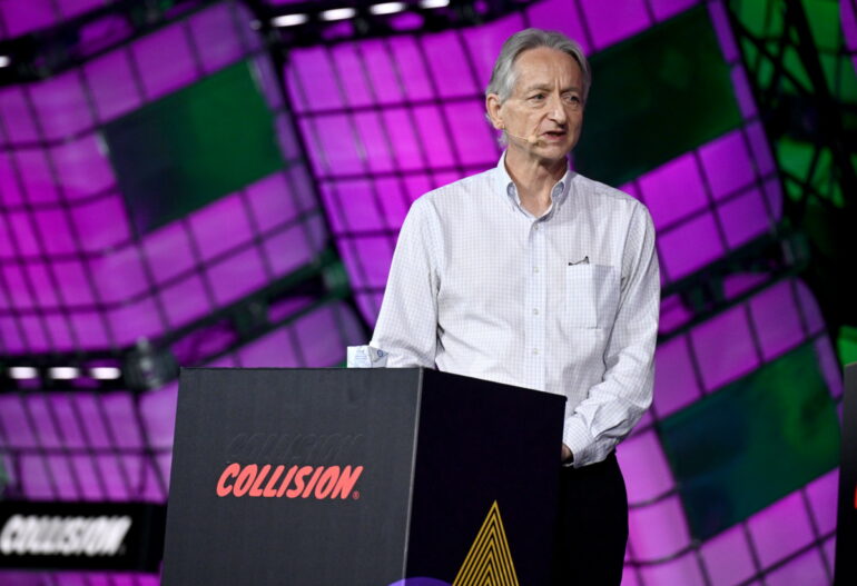 Geoffrey Hinton. AI expert, on stage speaking at Collision conference