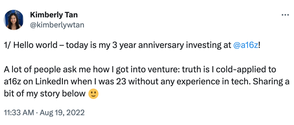 Tweet from a16z's Kimberly Tan