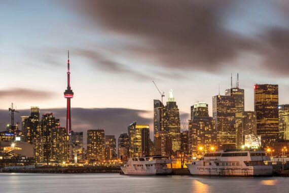 toronto styline at night during sunset view from the water