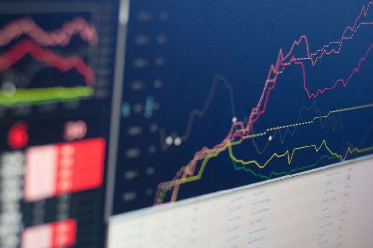 A screen showing a stock market ticker