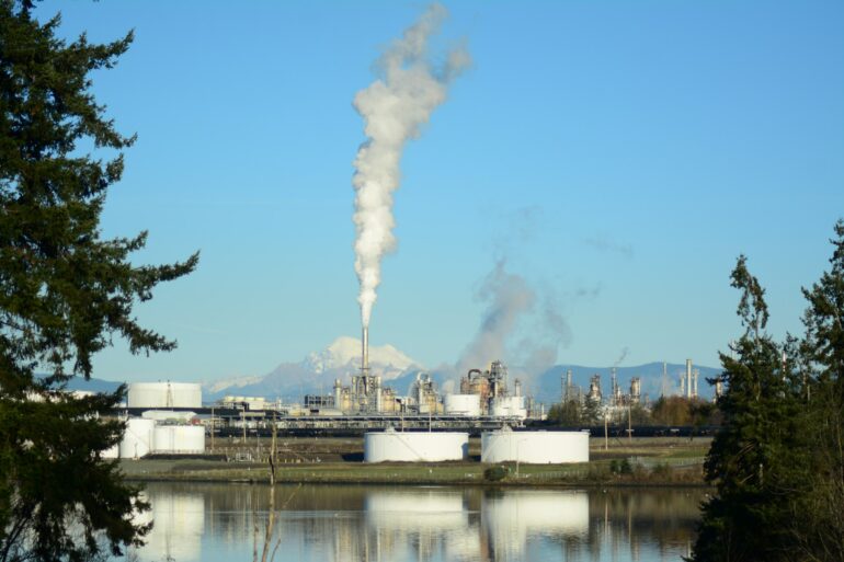 Anacortes Shell Refinery in Anacortes WA with Mt Baker in the background.