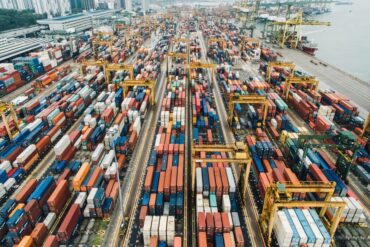 Aerial view of shipping yard with containers