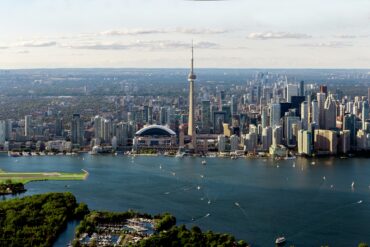 A view of the Toronto skyline dominated by the CN tower.