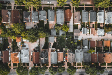 An aerial shot of residential homes