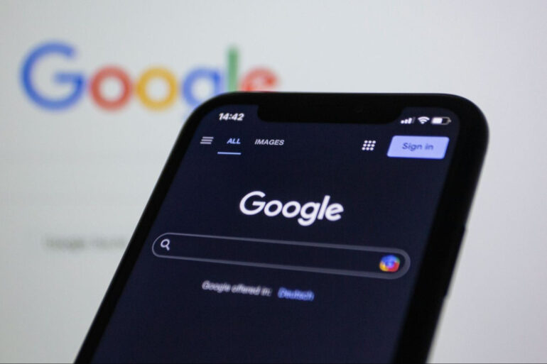 The Google search engine on a smartphone screen