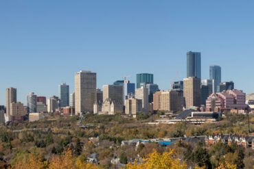 A wide shot of downtown Edmonton, taken from afar.