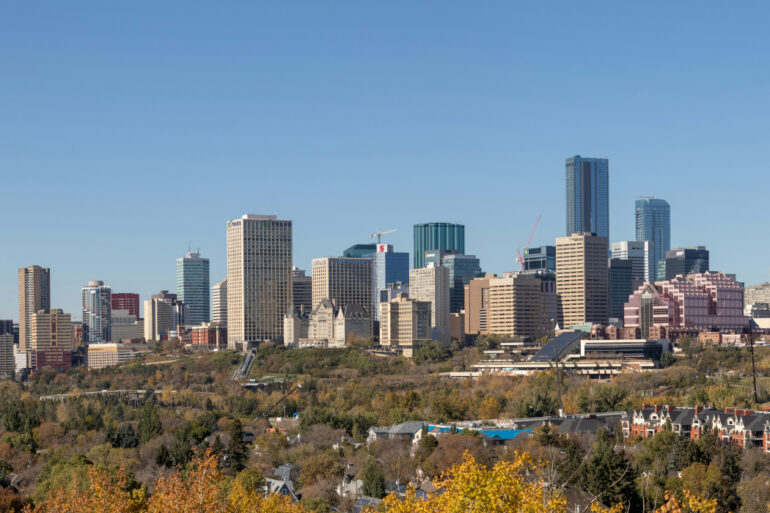 A wide shot of downtown Edmonton, taken from afar.