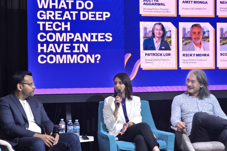 From left to right: BDC Industrial Innovation Venture Fund managing partner, Aditya Aggarwal, Innovobot IRV Fund managing partner, Neha Khera, and Panache Ventures managing partner, Patrick Lor during a panel discussion at Edmonton Unlimited