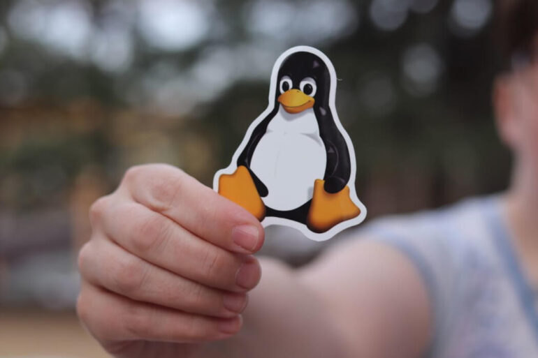 A close-up of a hand holding a Linux penguin logo
